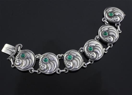 A Danish Georg Jensen 830S and green chalcedony cabochon set bracelet, no. 19, 1915-1930 mark, 19cm.